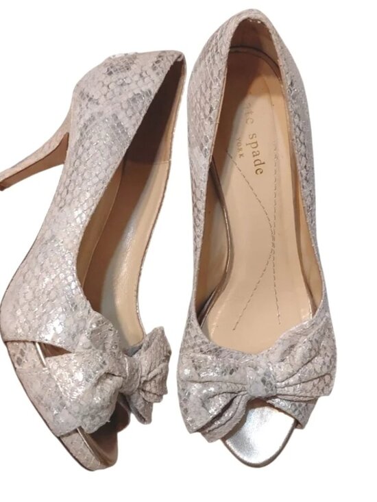 kate spade Shoes - kate spade Cream Snake-Texture Peep Toe Heels with Bow Accent